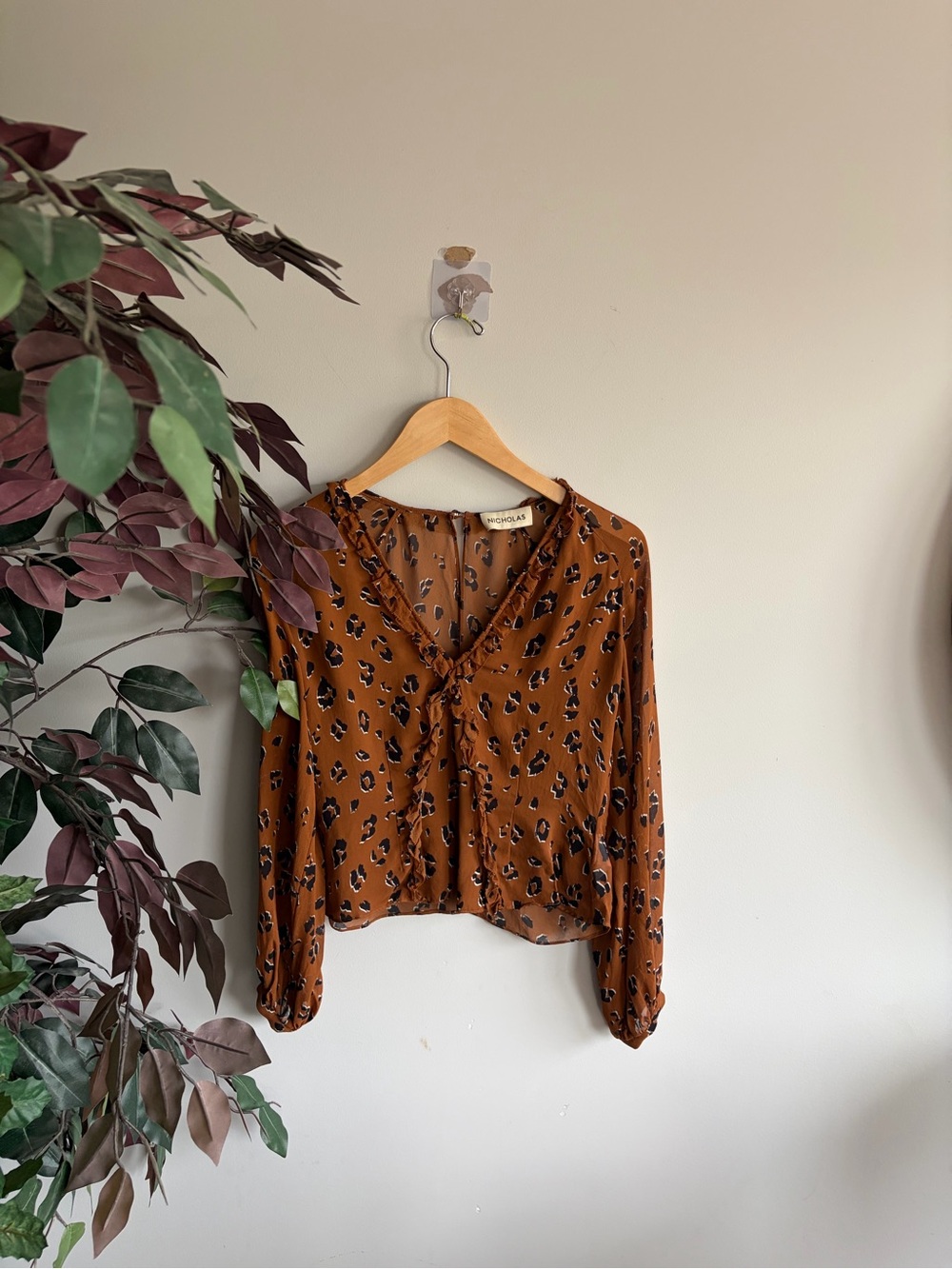 Nicholas silk Brown Animal Print V-Neck Blouse